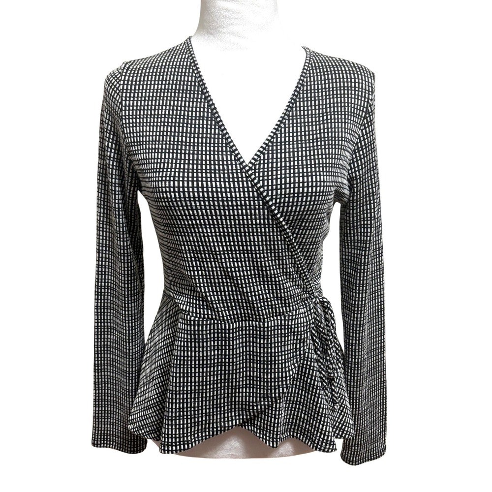 Caution To The Wind Wrap Top Black White Grid Peplum Casual Work Stretch Large